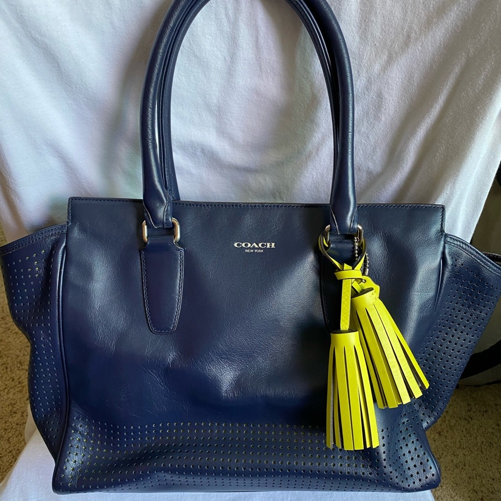 Coach Handbag Navy Blue w/ Chartreuse Tassels